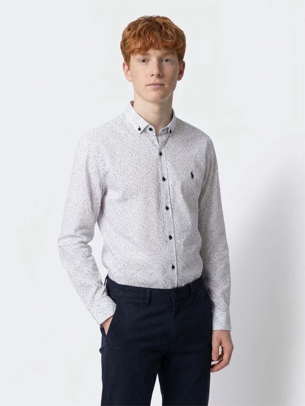 Polo by Ralph Lauren Men's White Button-Down Shirt with Black Crackle Print